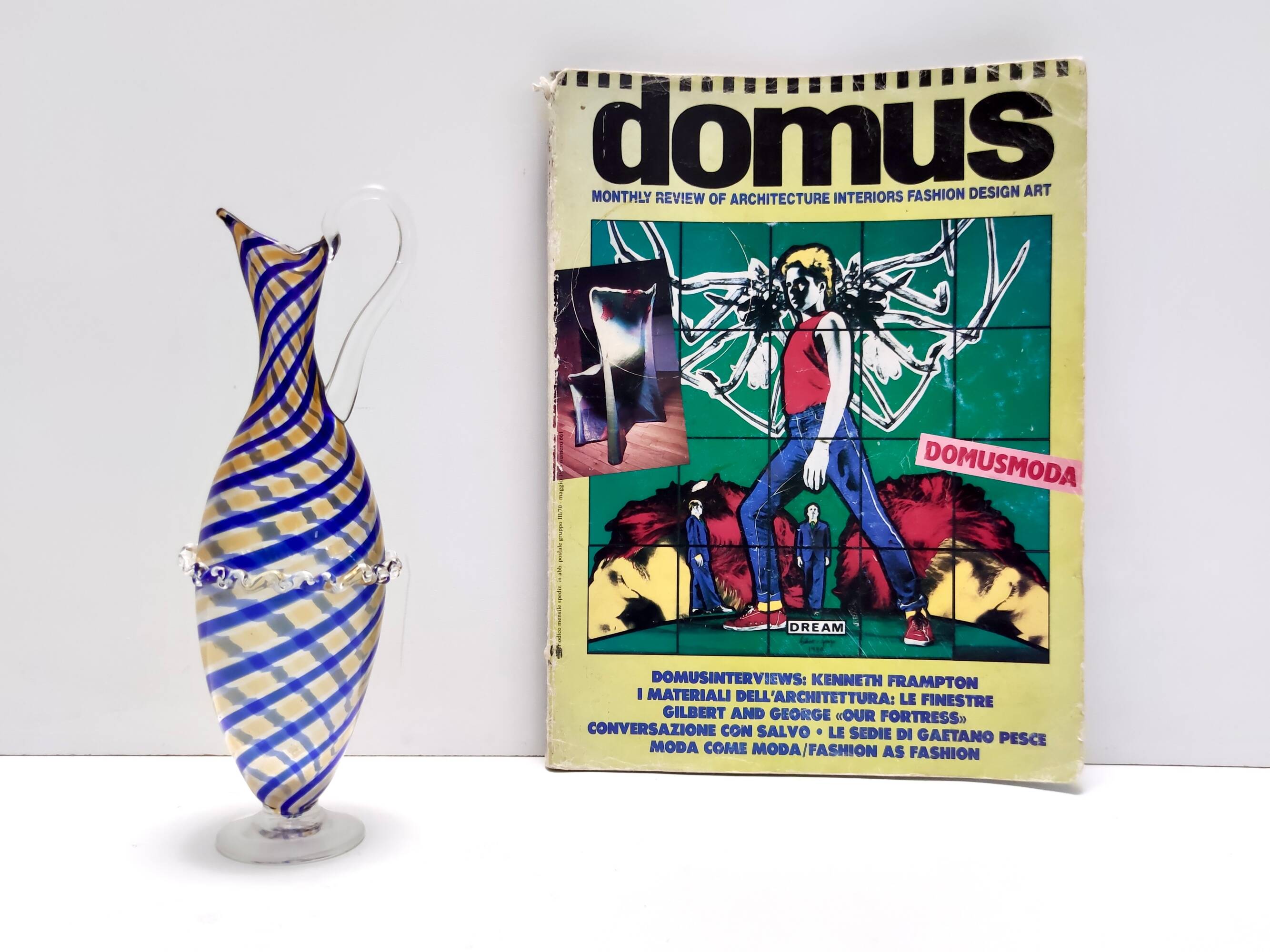 Murano Glass Pitcher Vase Ascribable to Toso with Blue and Yellow Canes