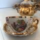 Gold Italian porcelain service. Coffee cups - sugar - cream pot / Gallant scene