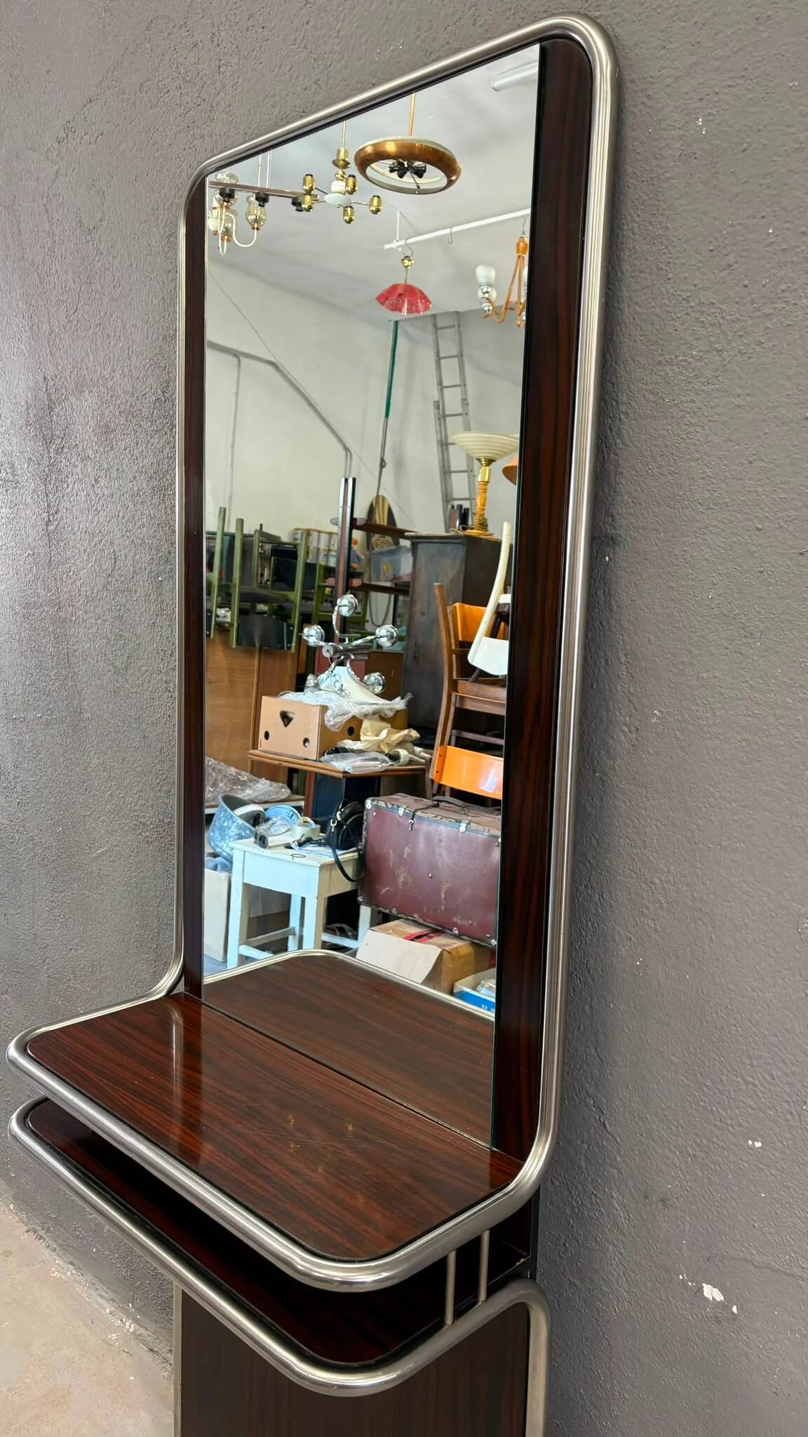 Console murale en chrome et palissandre avec miroir, années 1970, italienne.