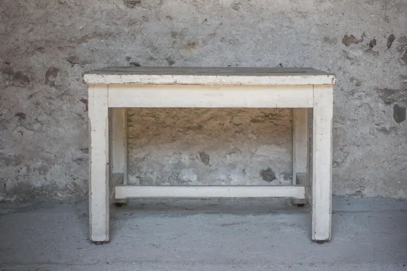 Antique wooden table, wheeled side table, kitchen table, interior decoration