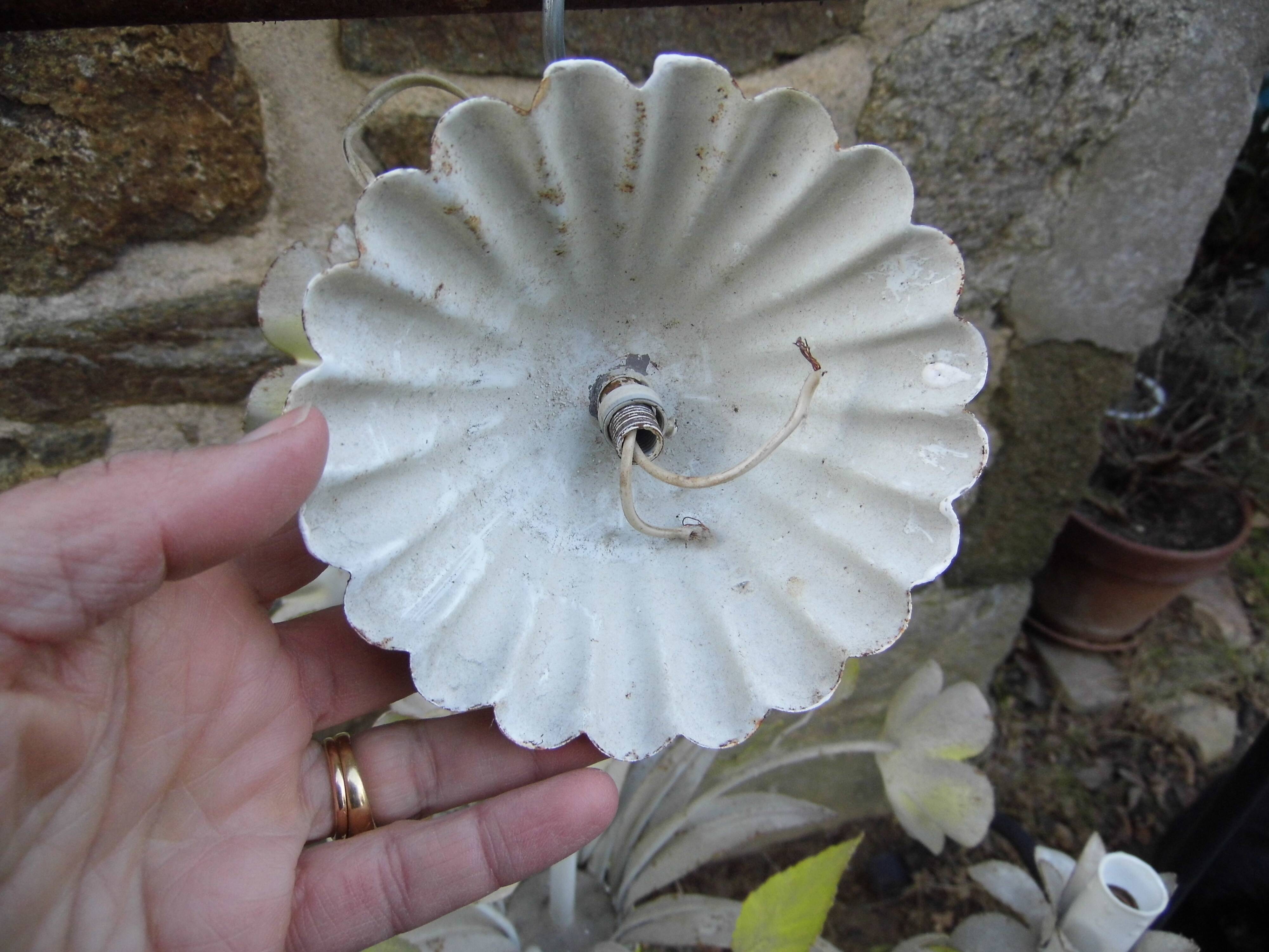 chandelier, painted sheet metal suspension, floral décor, vintage 80s