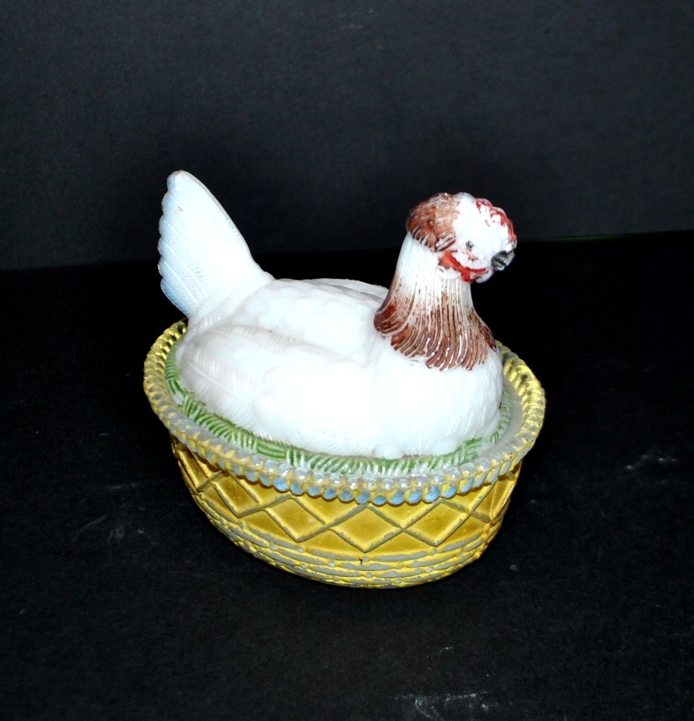 Portieux painted opaline glass hen candy box