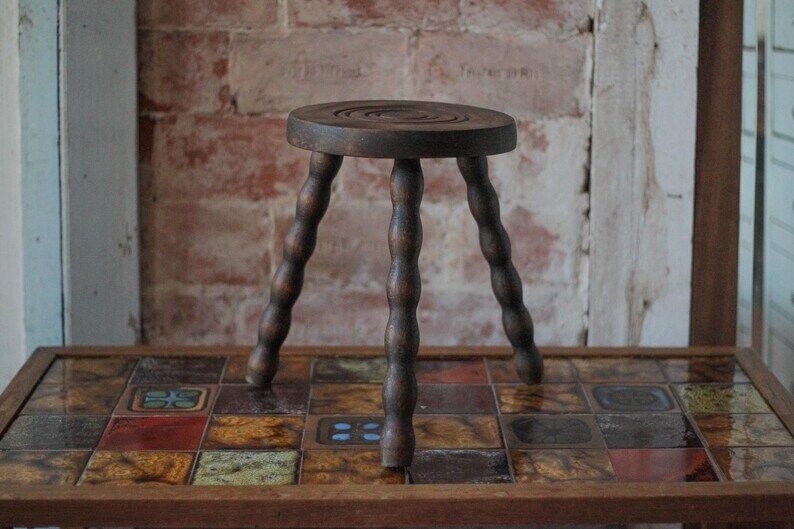 Vintage stool, tripod stool, occasional stool, wooden plant stand, side table, interior decoration.