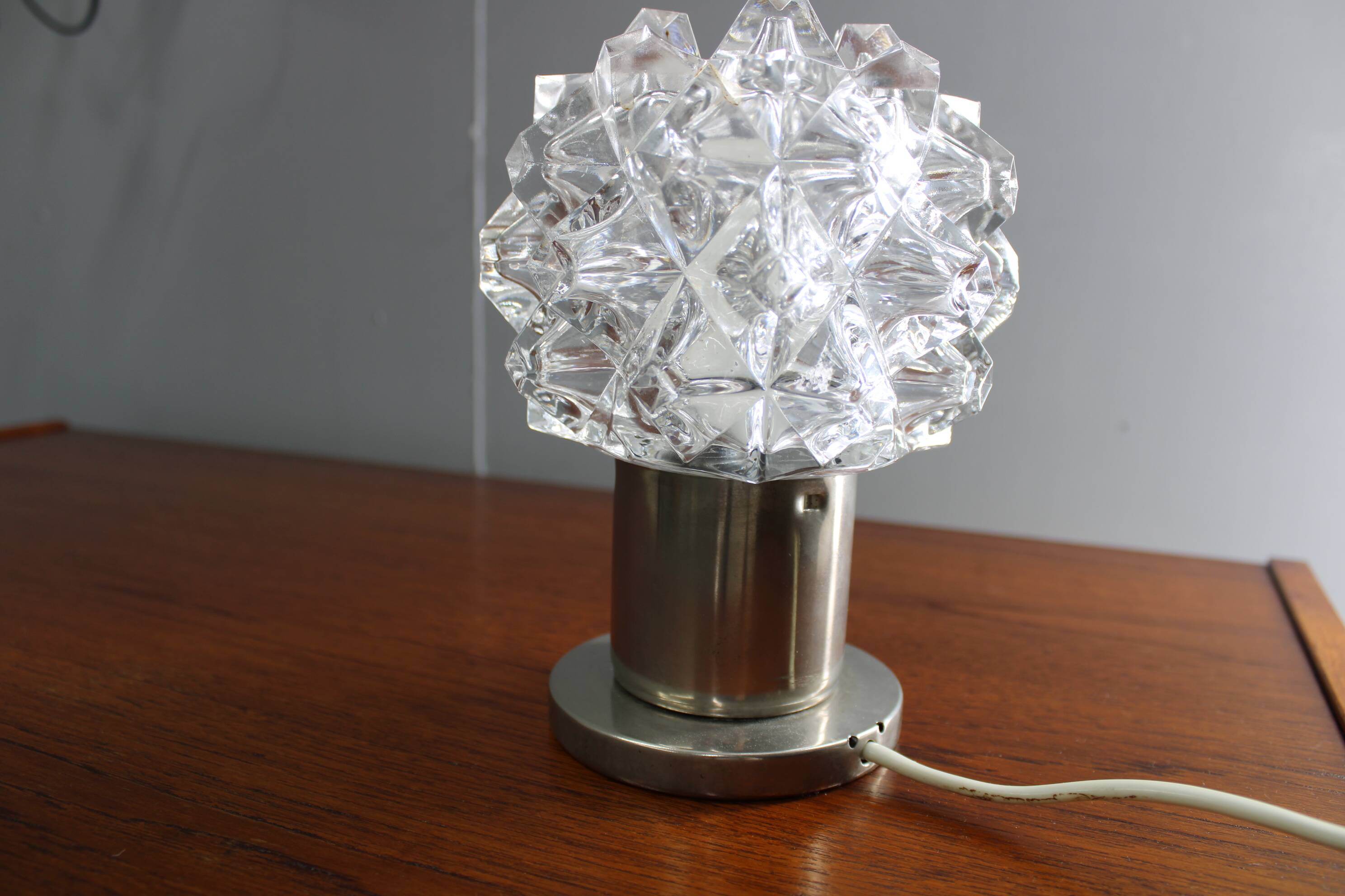 Mid Century Czech Crystal Glass Table Lamp, 1970s Chrome Base