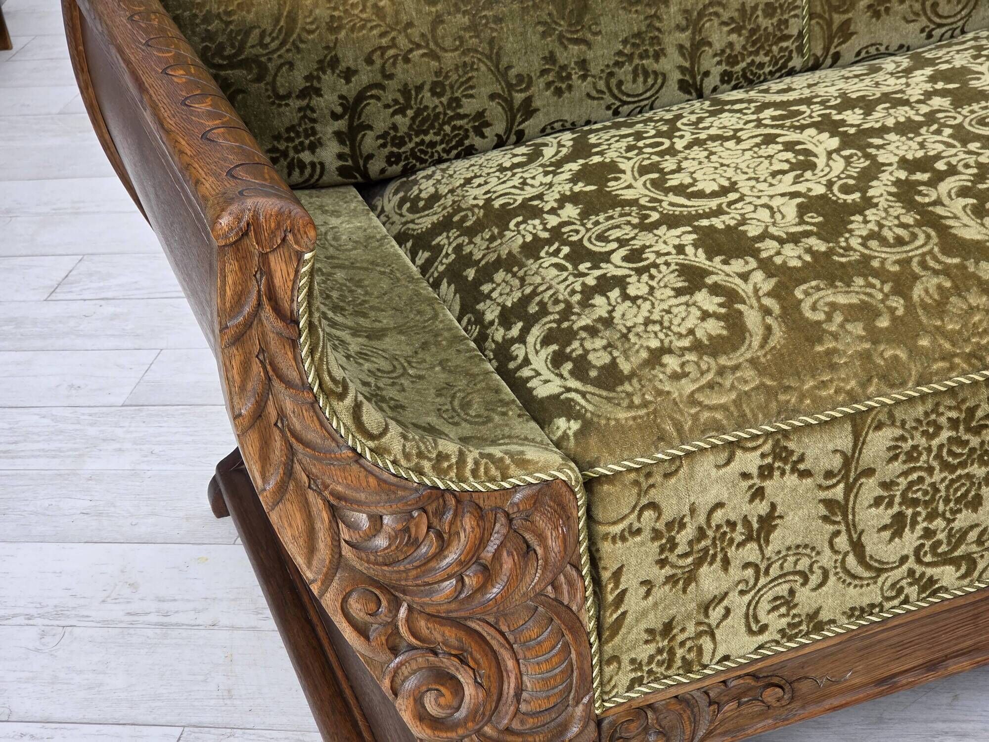 1950s, Danish 3-seater sofa, green furniture velour, oak wood.