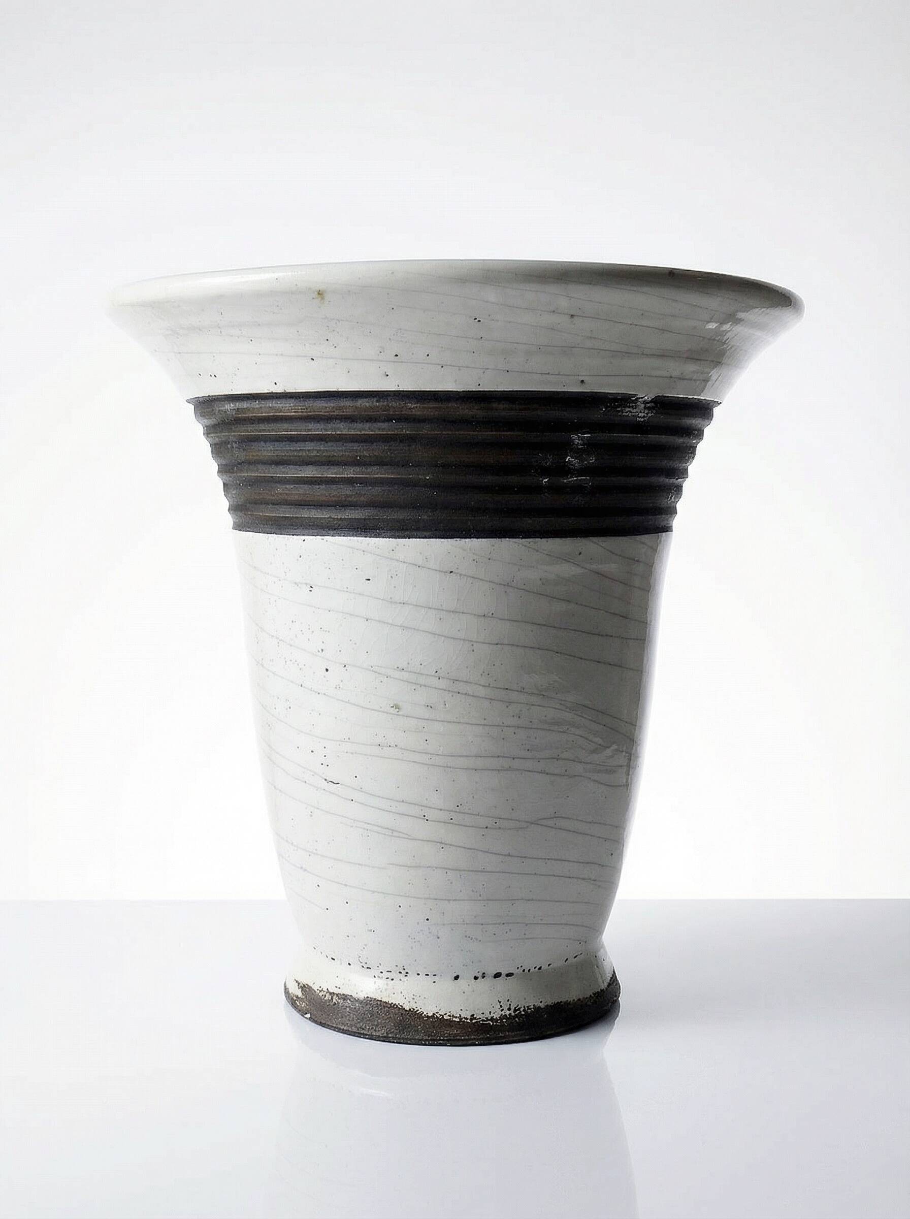 Large modern Raku lamp in beige and brown by Keramos Sèvres - René Hénon