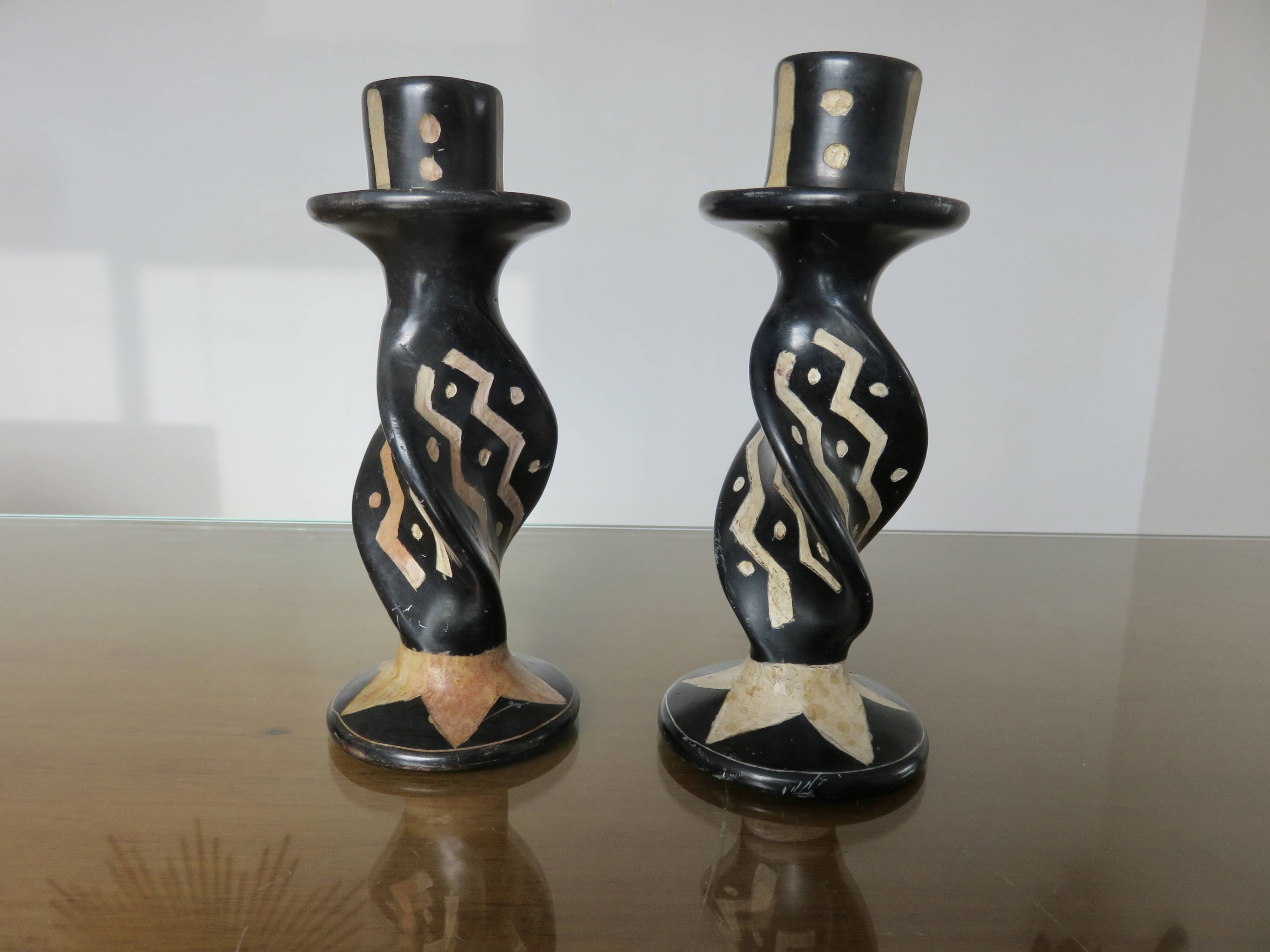 Pair of ethnic soapstone candlesticks, African craftsmanship 1980