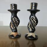 Pair of ethnic soapstone candlesticks, African craftsmanship 1980