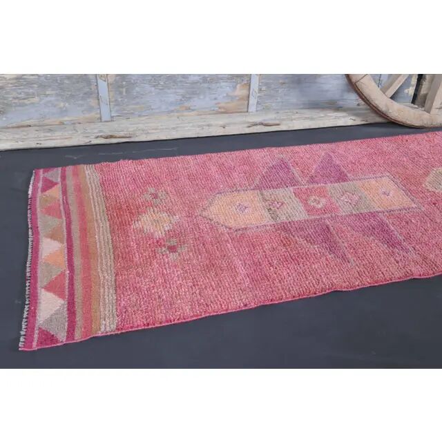 Tapis coureur vintage en laine et coton turc noué à la main rose 87x328
