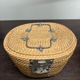 Chinese porcelain tea set in its portable wicker basket