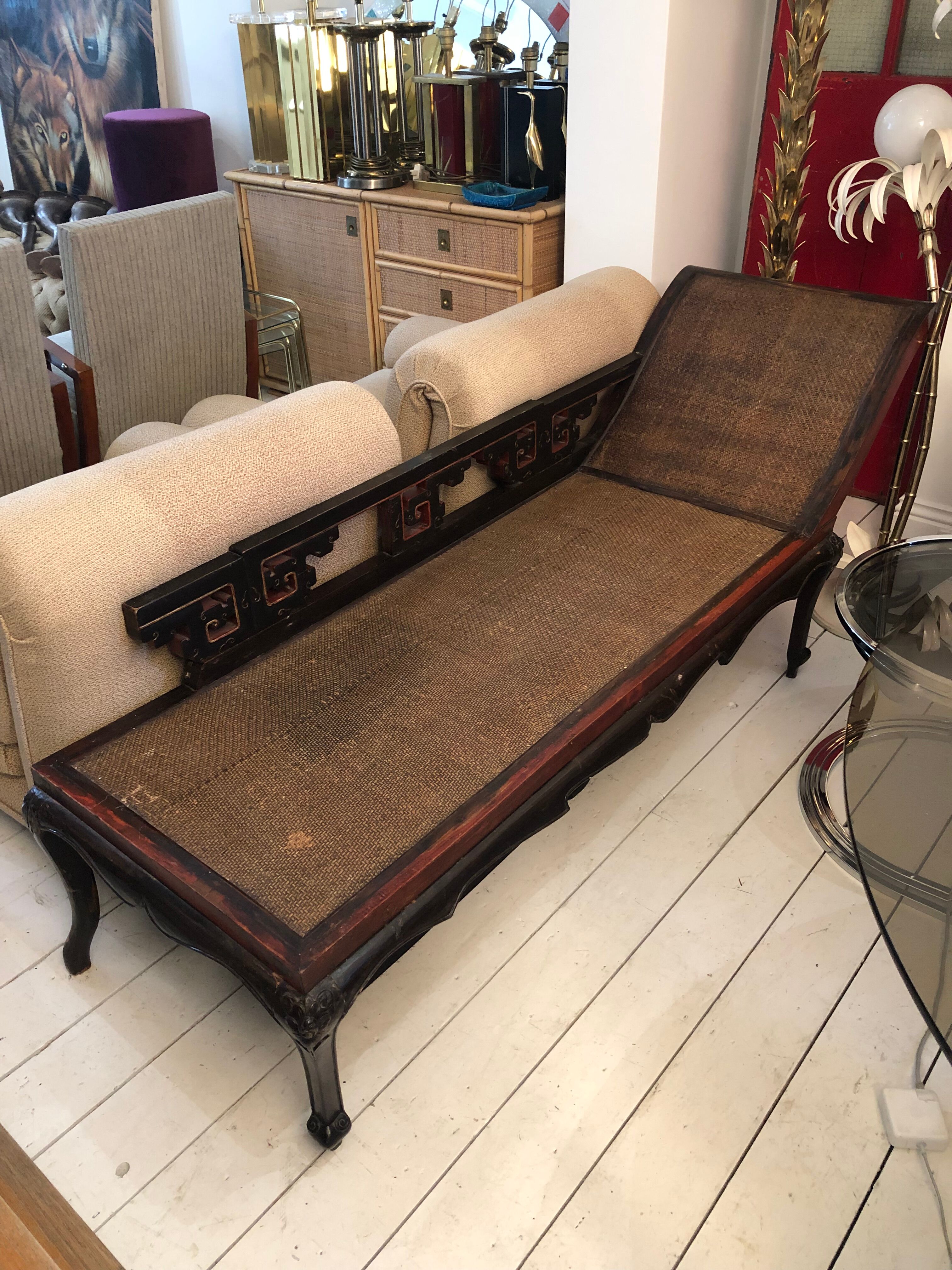 Antique chinese hardwood and rattan daybed