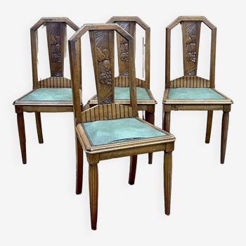 Set of 4 art deco chairs in walnut and skai seats from the 1930s