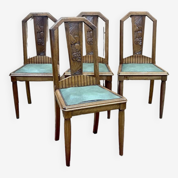 Suite de 4 chaises art déco en noyer et assise skaï des années 1930