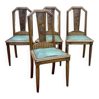 Suite de 4 chaises art déco en noyer et assise skaï des années 1930