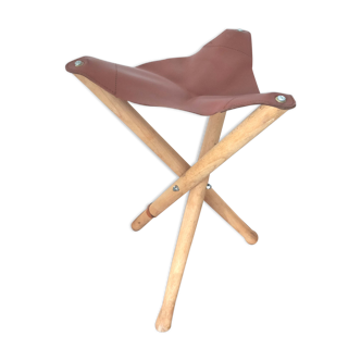 Folding wooden and leather stool