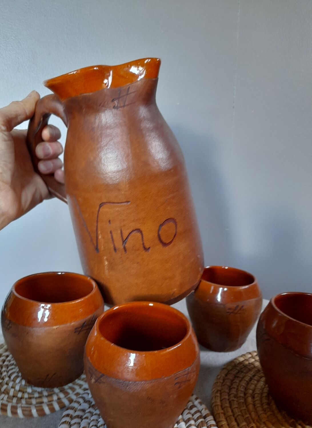 Pitcher & ceramic and leather glass set by Artesania Raymon, Spain 1950