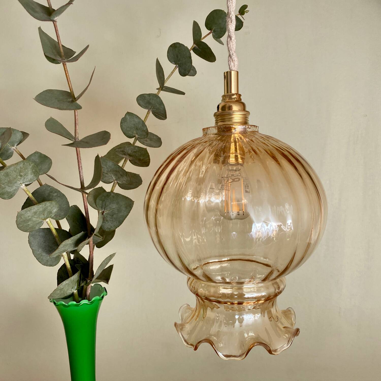 Vintage amber glass globe pendant light