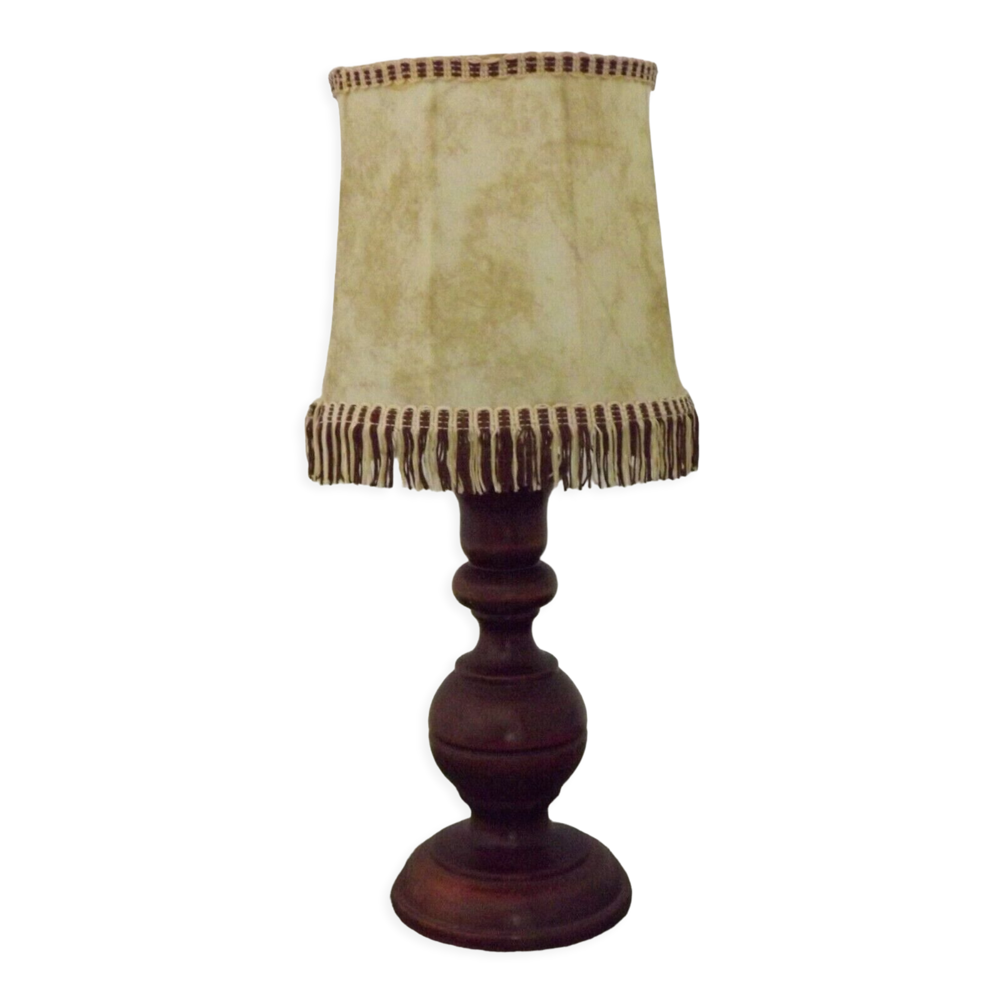 French Mid Century Round Turned Wood Table Lamp With Hide Skin Shade 4025
