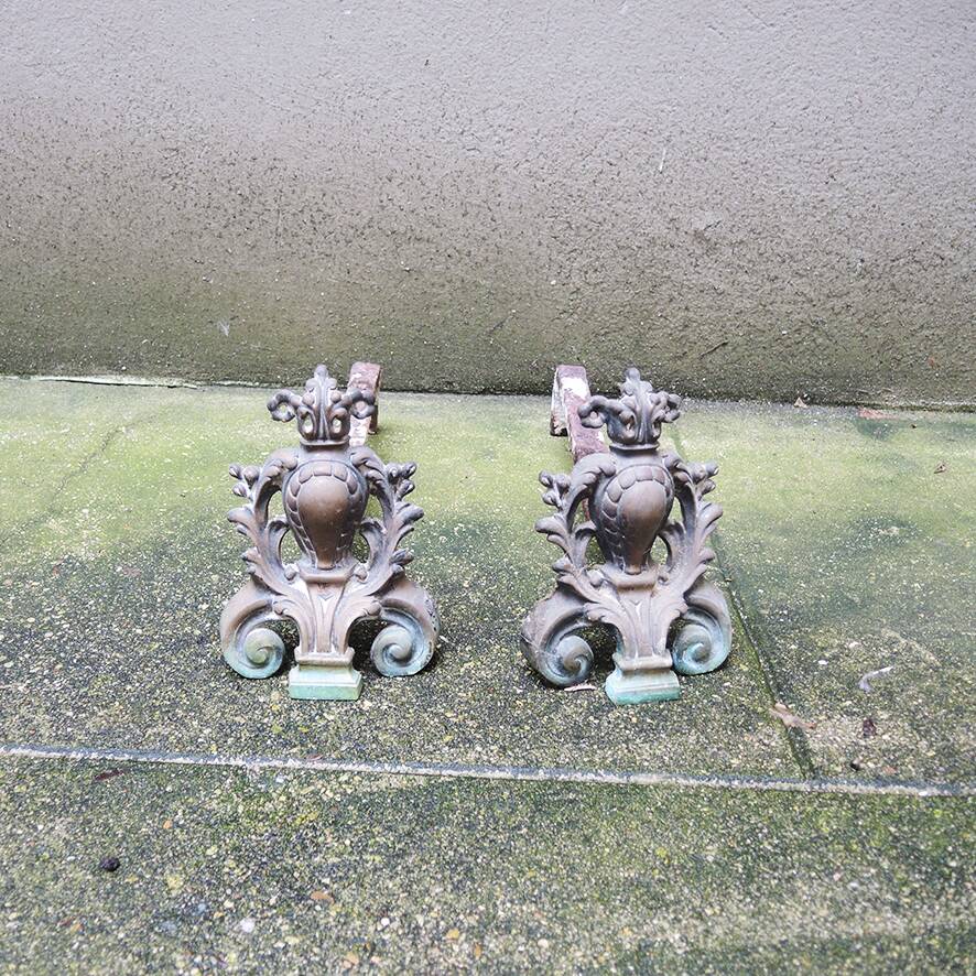 Antique Baroque Andirons in Brass & Cast Iron