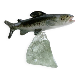 Vintage Raymond Gangloff sculpture of a swimming trout in glazed ceramic