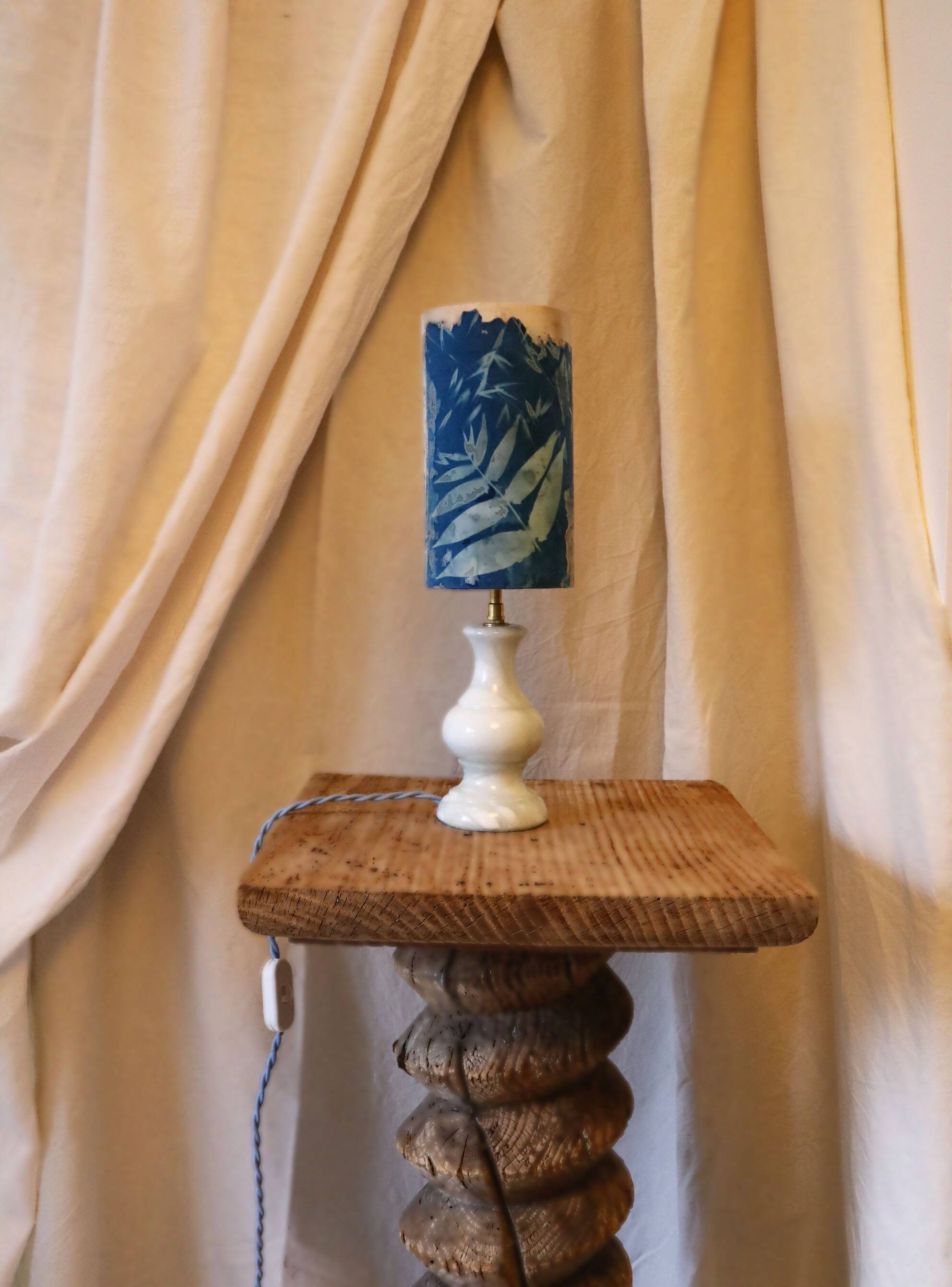 Blue alabaster floor lamp and handmade cyanotype lampshade