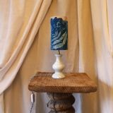 Blue alabaster floor lamp and handmade cyanotype lampshade