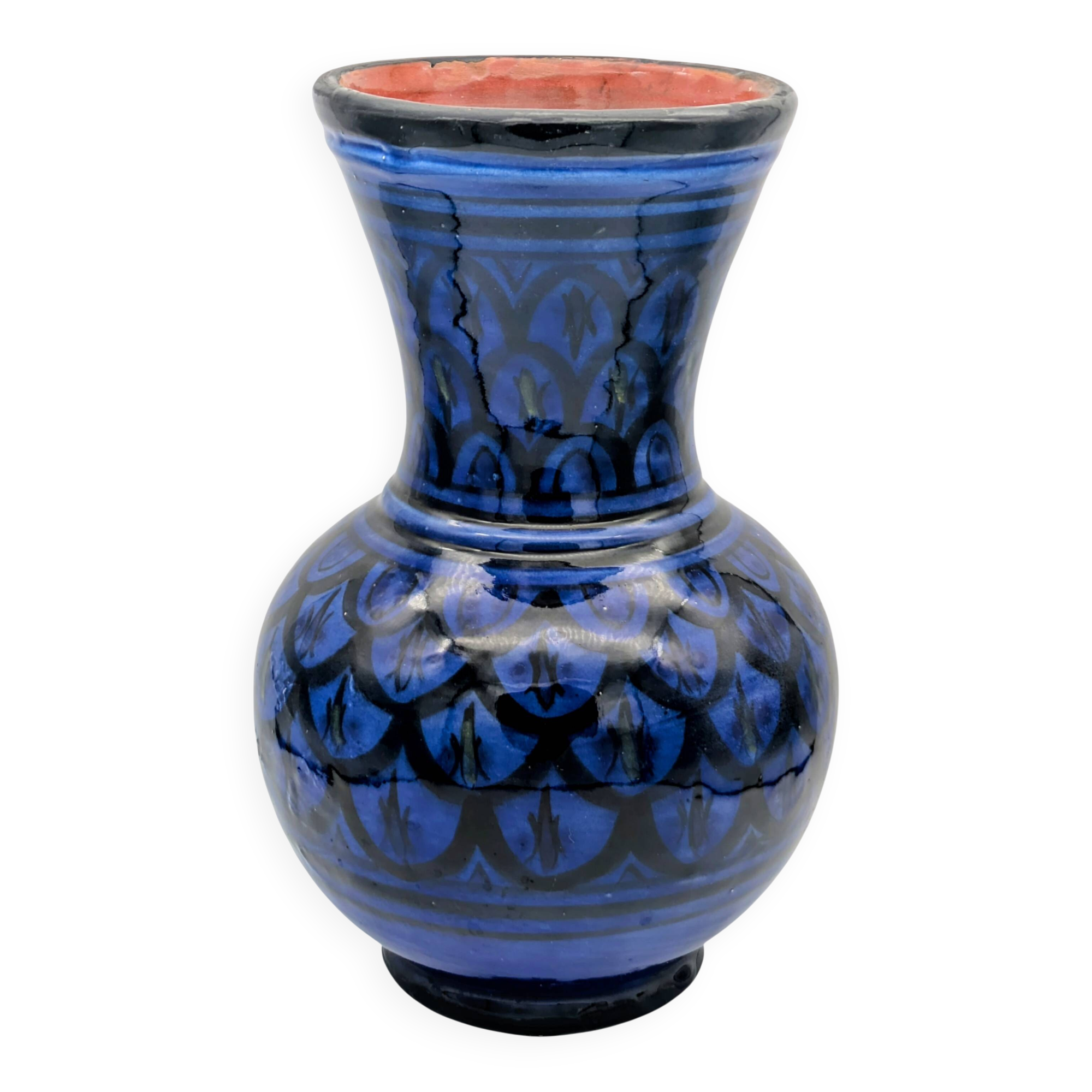 Large Baluster Vase in Safi Ceramic - Blue Black Geometric Design - Morocco
