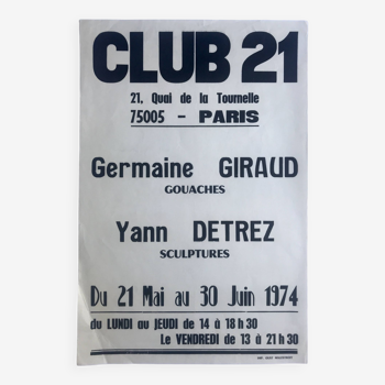 Germaine GIRAUD & Yann DETREZ Club 21, Paris, 1974. Original typography poster
