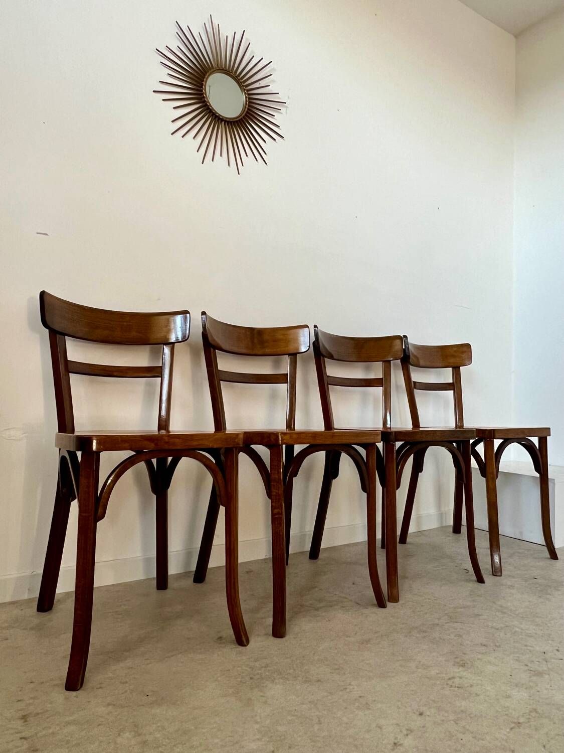 Set of 4 old vintage Baumann 50s wooden bistro chairs