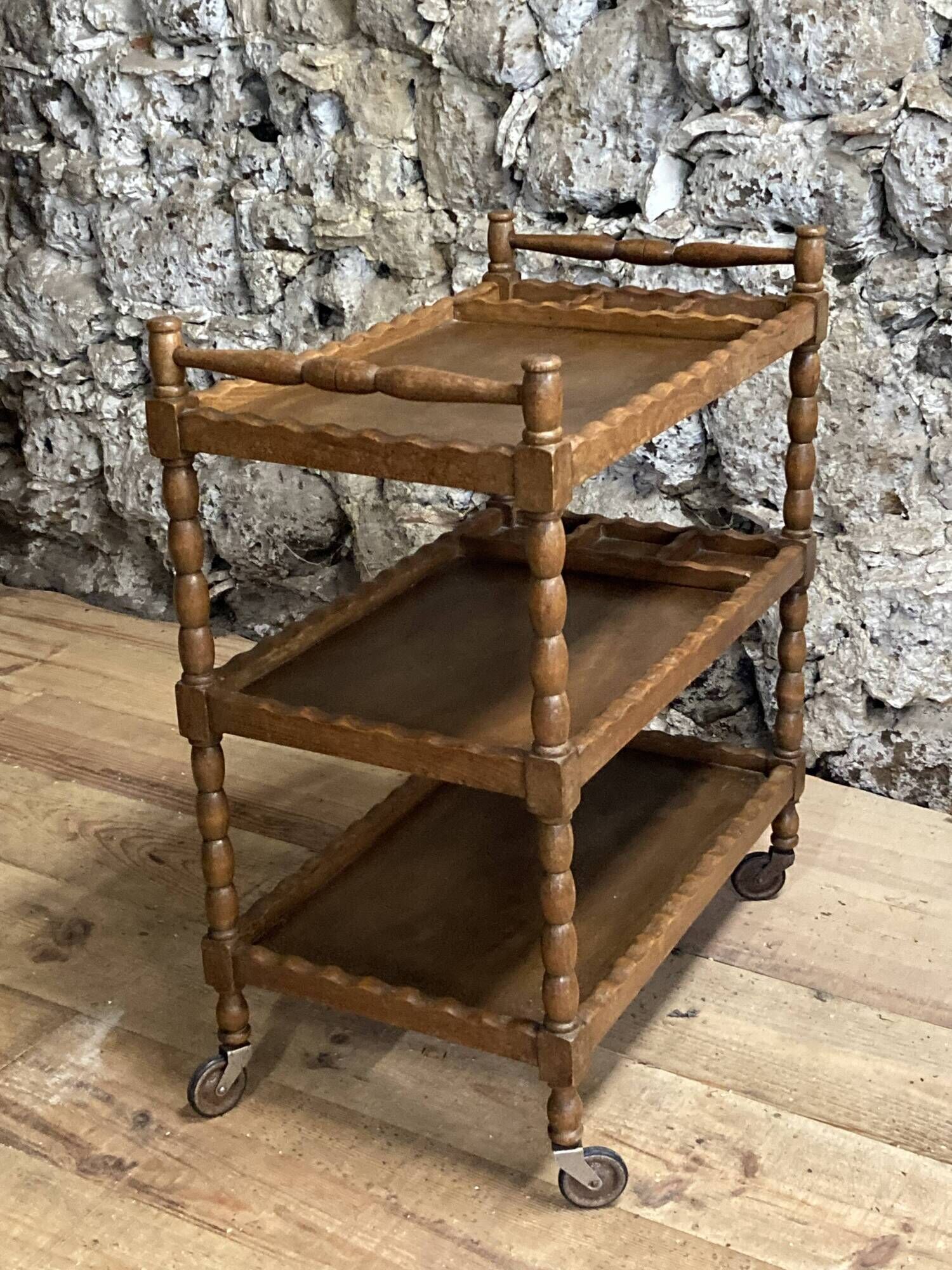 Wooden service turned on old wheels with bottle holder