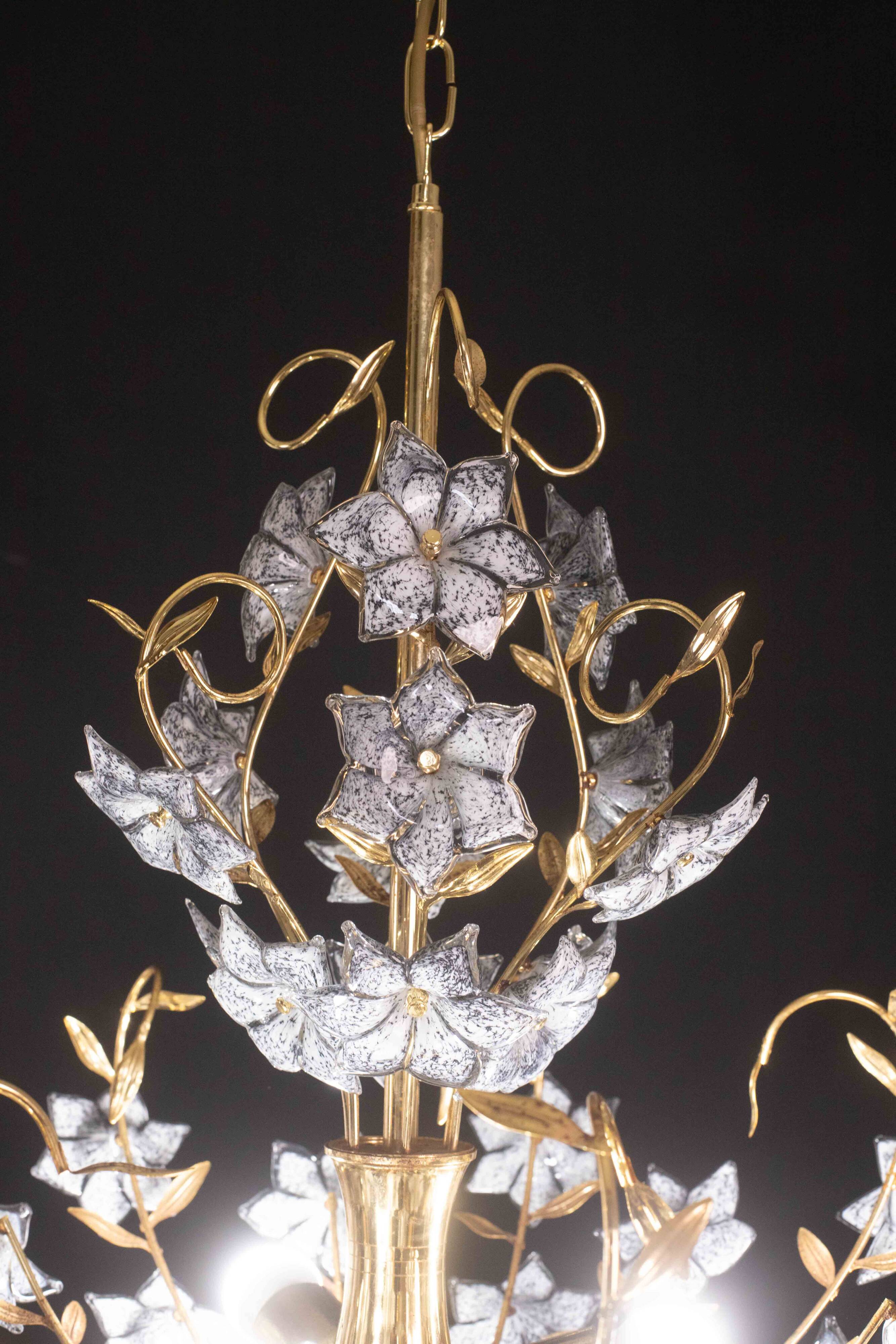 Fantastic Rare Murano Chandelier Full of Black Flowers, 1970s