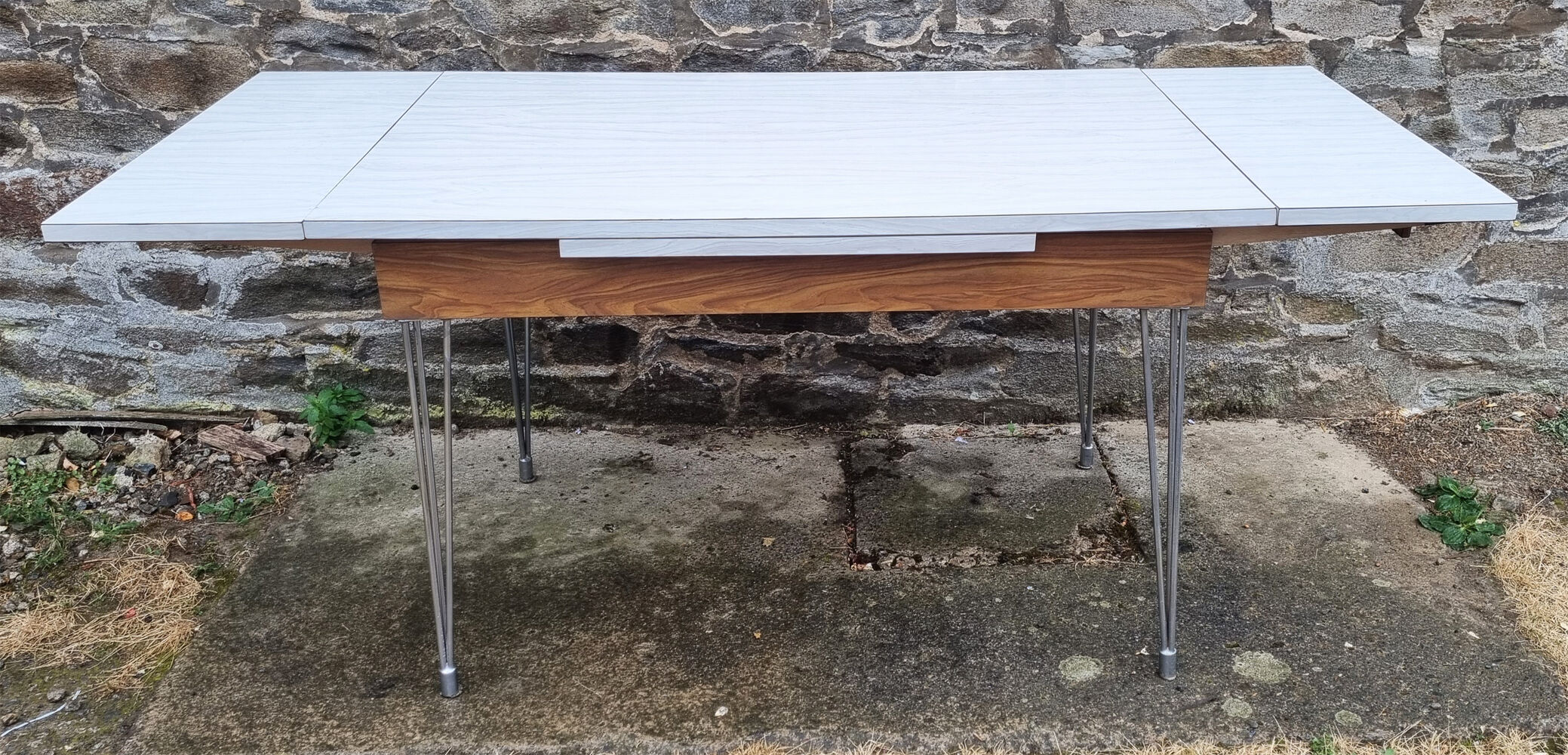 Set table chairs formica bicolor white and wood, feet eiffel, SIF, 70s, its 4 chairs