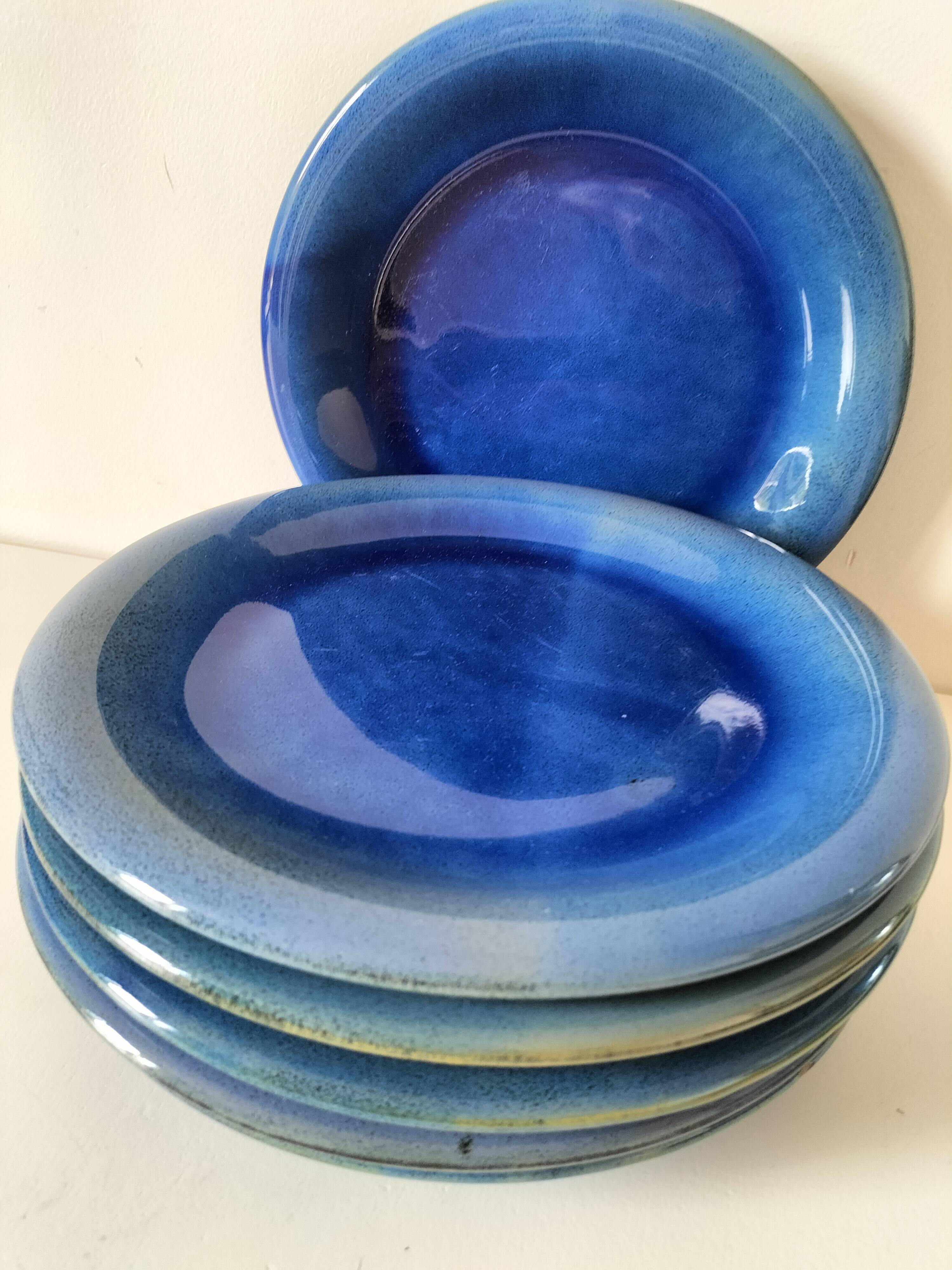6 assiettes en grès émaillé – bleu cobalt & turquoise