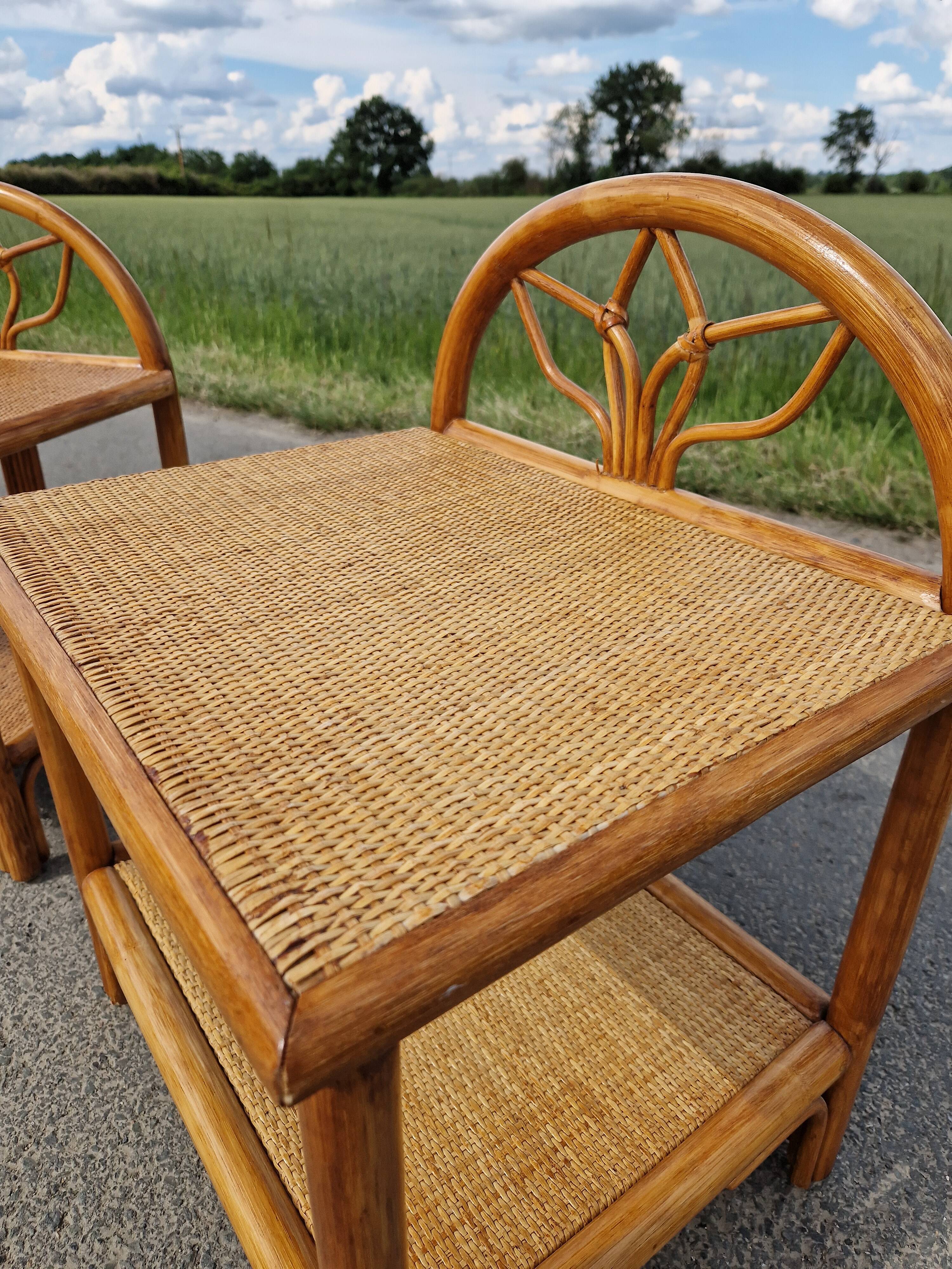 Pair of bedside tables in wood and woven straw - around 1960.