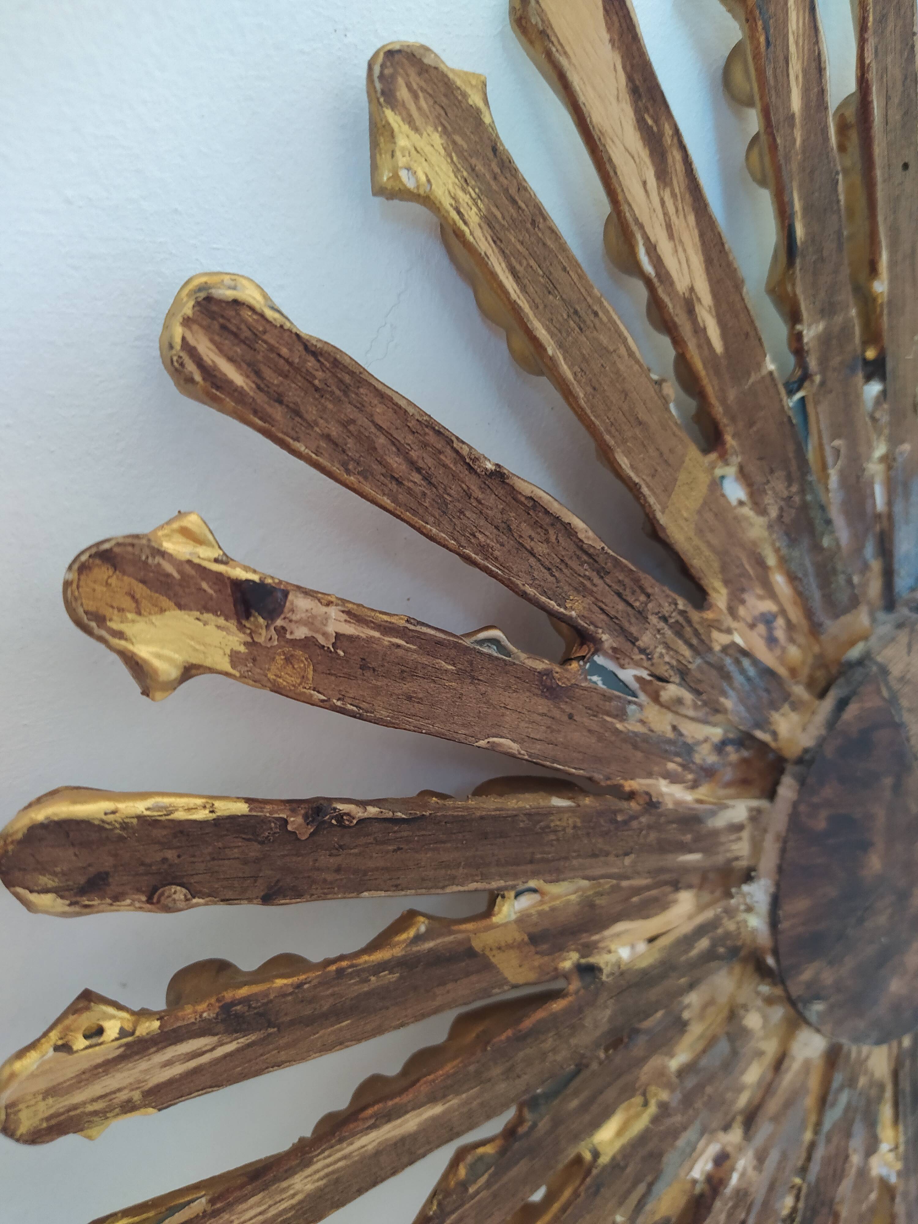 Golden wooden sun mirror 30cm