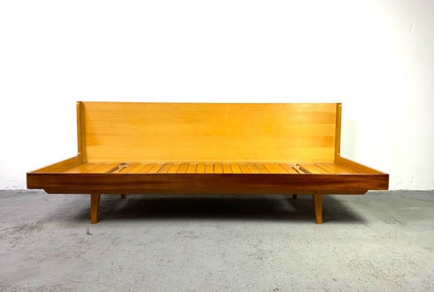 Daybed in beech and red fabric by jitona, vintage czech 1970s