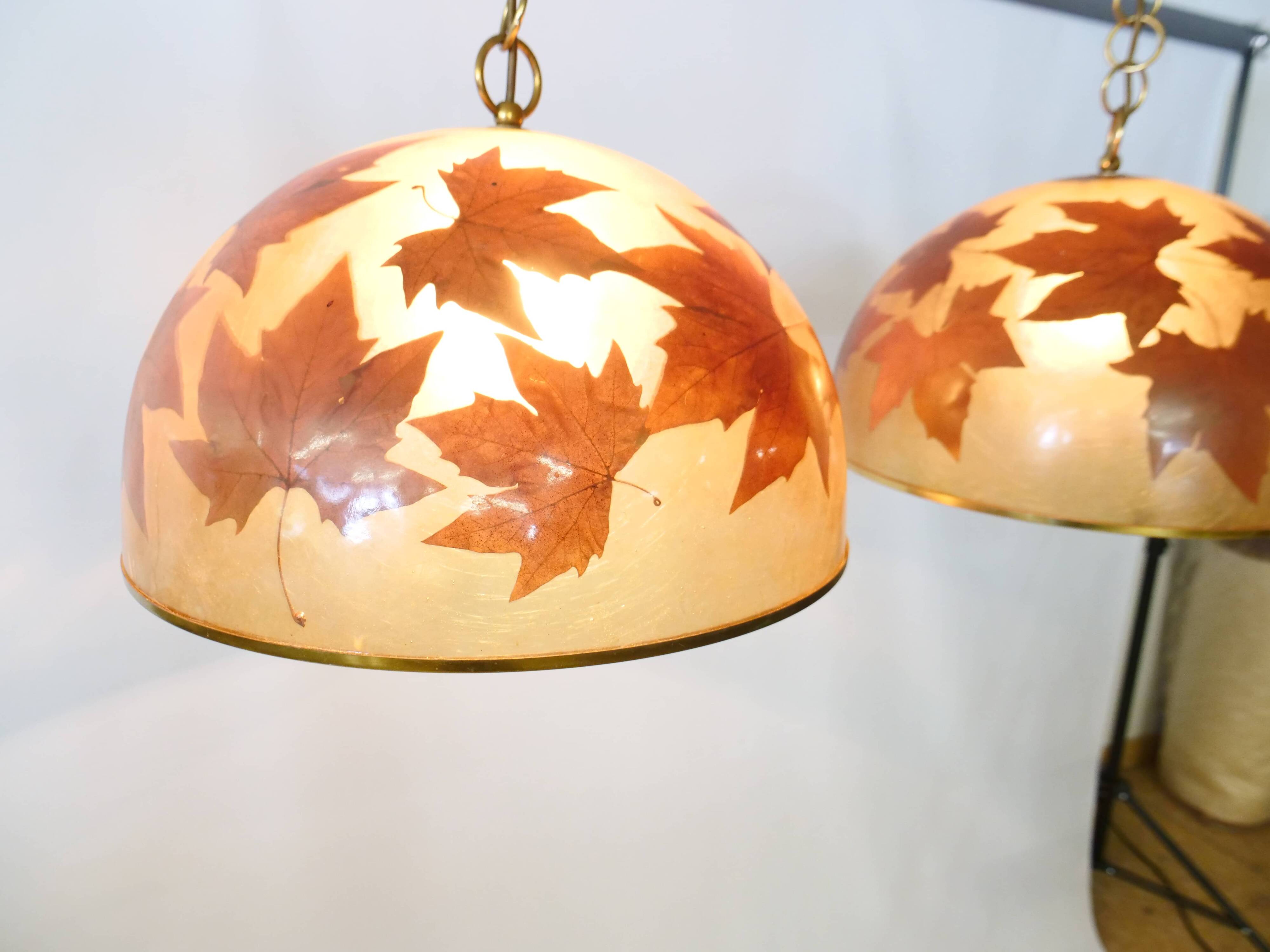 Italian design hanging lamps resin and leaves, 1970s 1980s