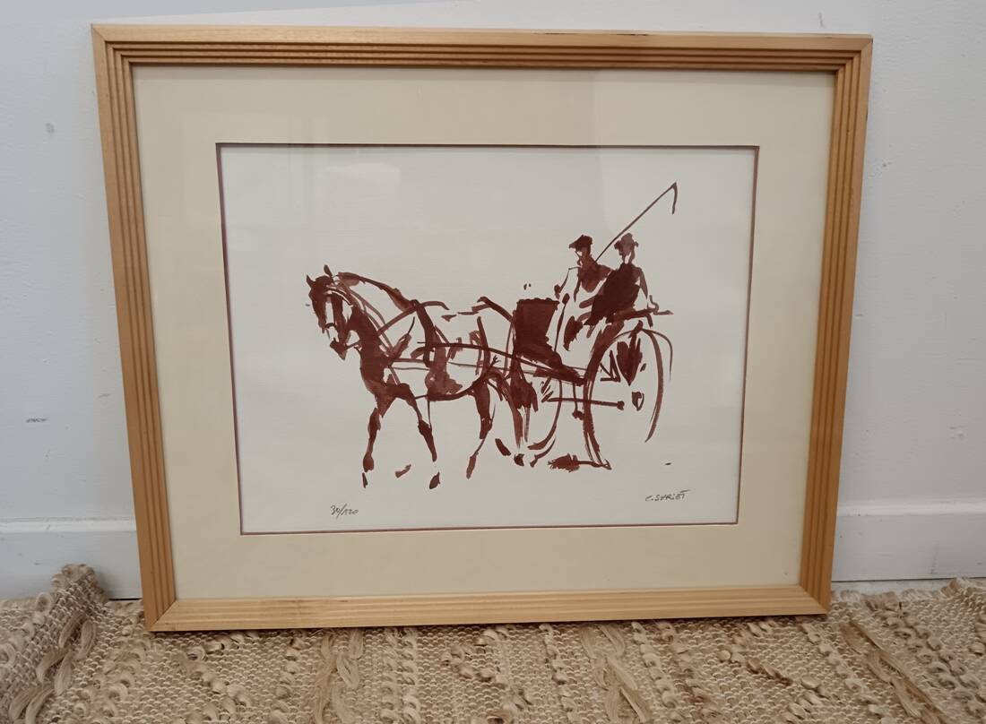 Frame and original and numbered watercolor by C. Spriet Horse and carriage