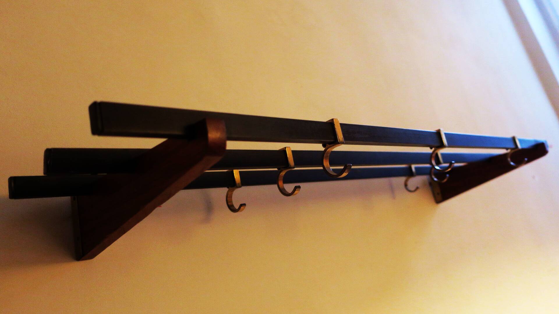 Teak, brass and black metal coat and hat rack, 1960s