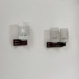 Pair of vintage wall lights, chrome, rosewood and pressed moulded glass, France