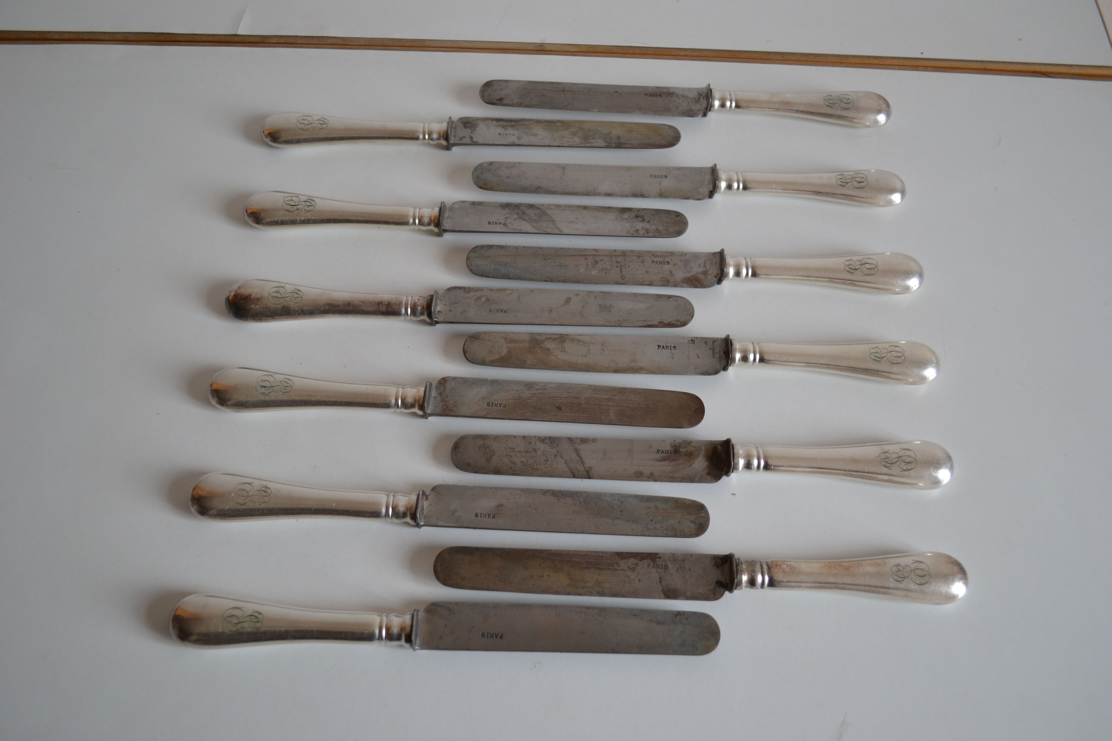 12 antique metal silver monogram table knives