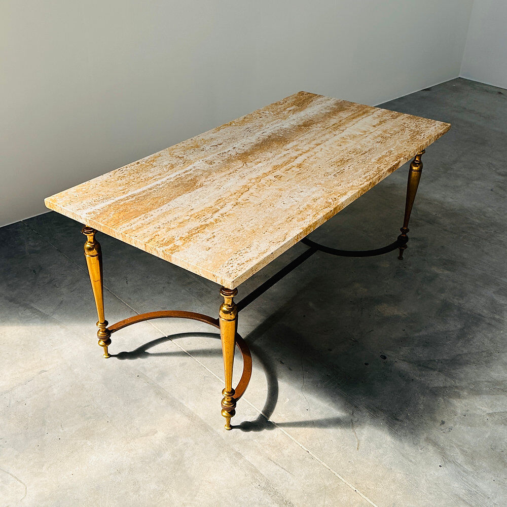 Elegant travertine coffee table with brass base, 1970s