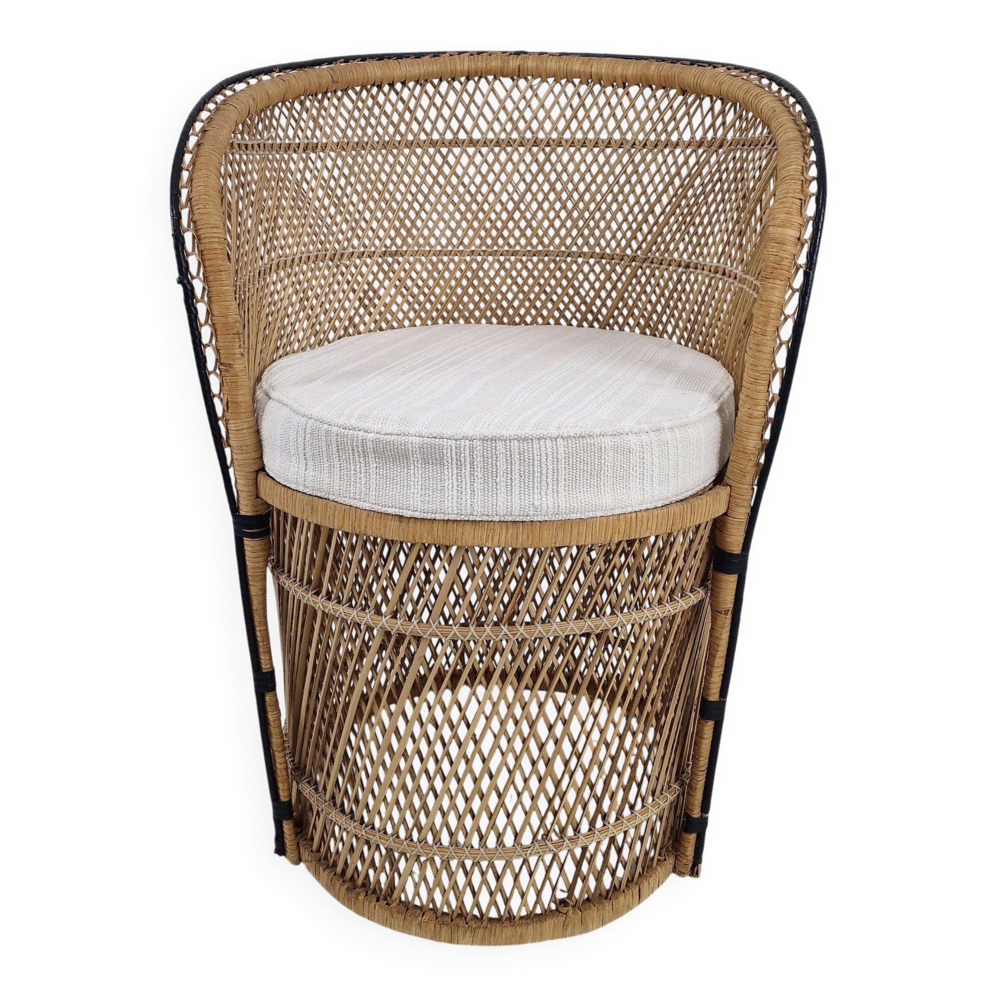 Boho Chic Rattan Barrel Chair with Custom Outdoor Cushion 1970's