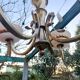 Art Deco chandelier with 4 lights in bronze and opaline.