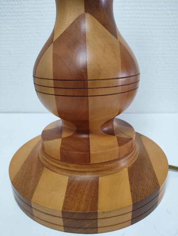 Lampe en bois tourné et incrustation de bois vintage