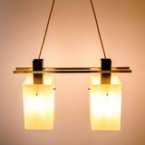 1960s Italian Stilnovo ceiling pendant with opaline glass shades and brass details