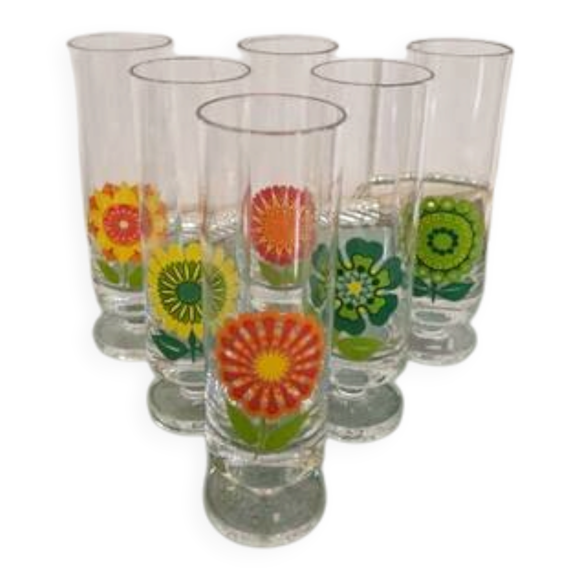 Set of 6 vintage pop art glasses with multicoloured flowers - 1970s