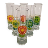 Set of 6 vintage pop art glasses with multicoloured flowers - 1970s