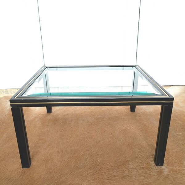 Table basse verre biseauté et métal noir et doré