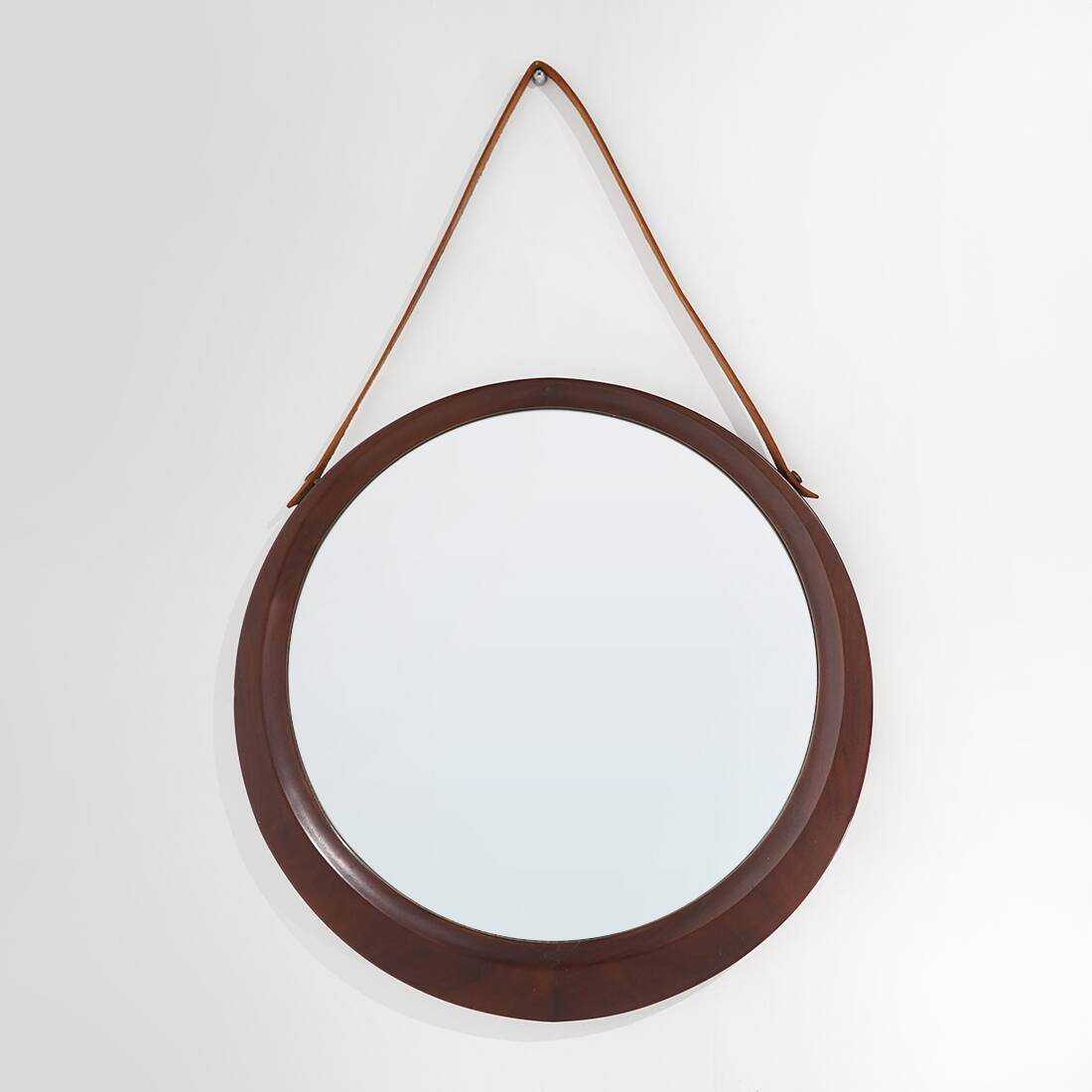 Round wall mirror with leather strap, 1960s